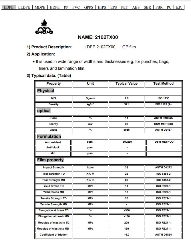 Low Density Polyethylene(LDPE)2102TX00 Typical data